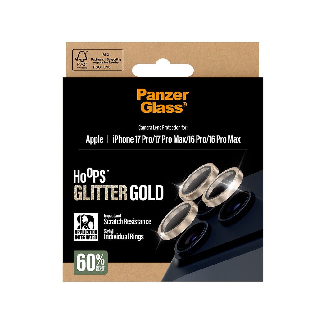 iPhone 17 Pro Max Hoops linsskydd med aluminiumram, Glitter Gold