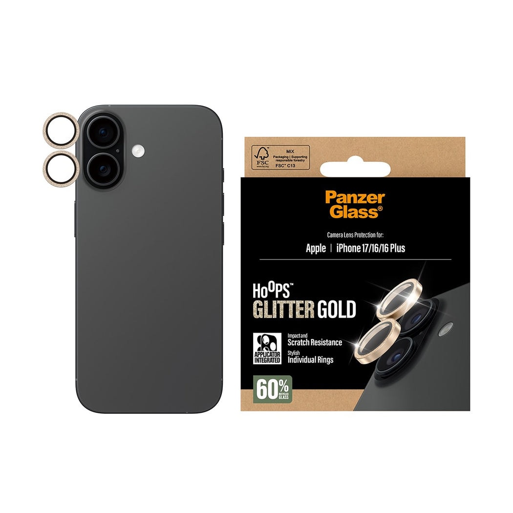 iPhone 17 Hoops linsskydd med aluminiumram, Glitter Gold