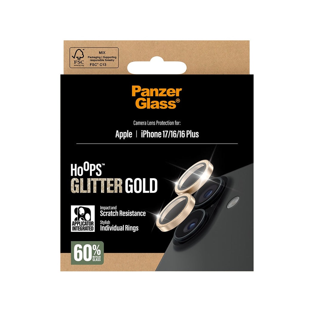 iPhone 17 Hoops linsskydd med aluminiumram, Glitter Gold