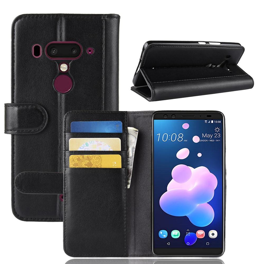 HTC U12+ Plånboksfodral i Äkta Läder, Svart