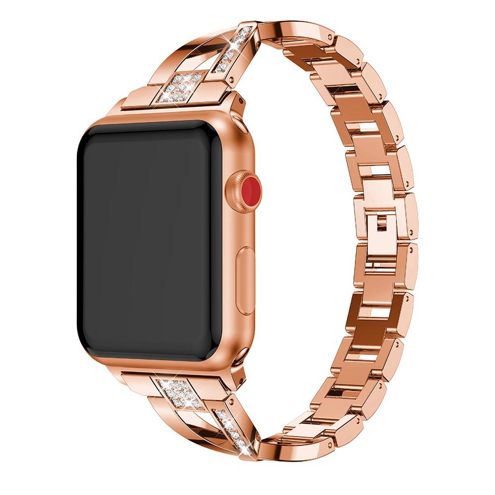 Apple Watch 45mm Series 9 Smalt länkarmband med glittrande stenar, roséguld