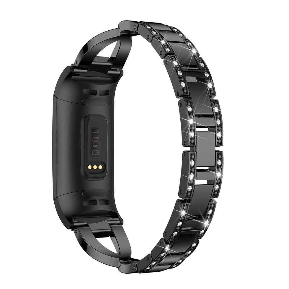 Fitbit Charge 3/Charge 4 Smalt länkarmband med glittrande stenar, Svart
