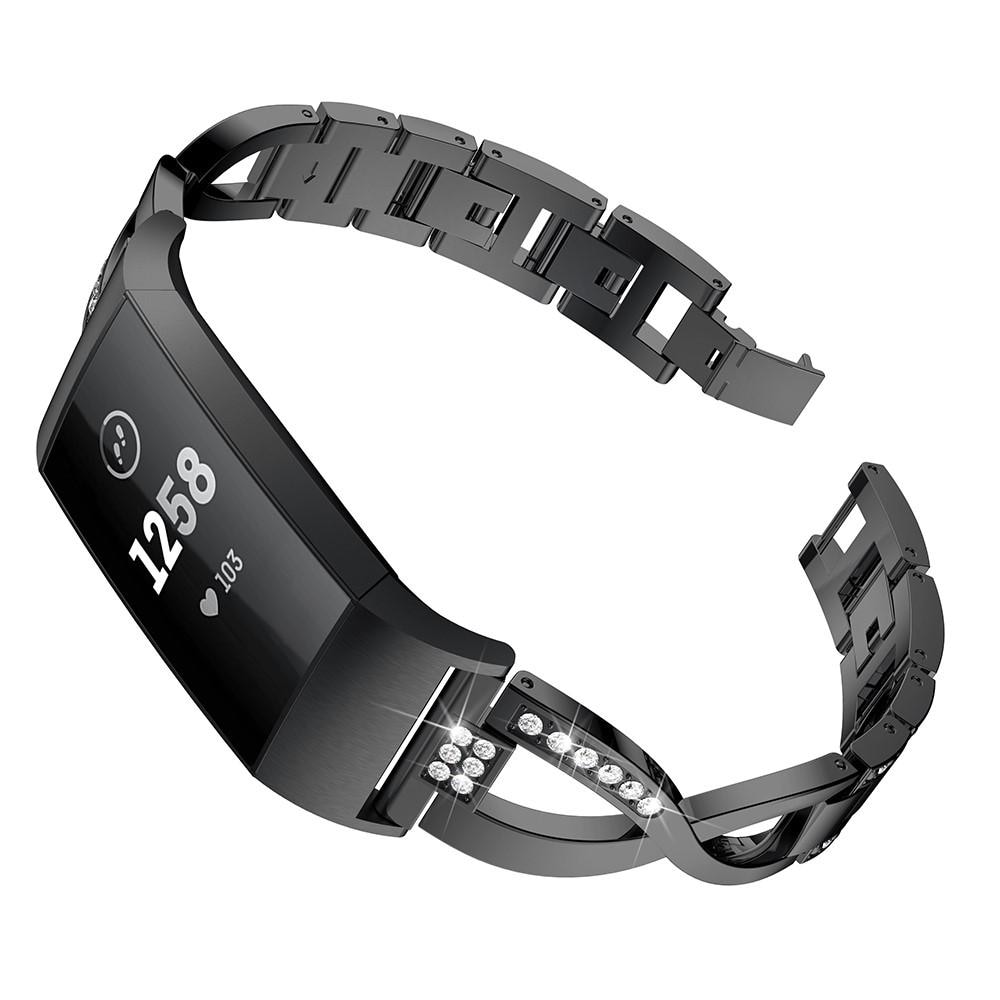 Fitbit Charge 3/Charge 4 Smalt länkarmband med glittrande stenar, Svart