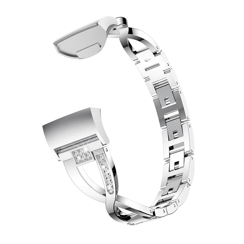 Fitbit Charge 3/Charge 4 Smalt länkarmband med glittrande stenar, Silver