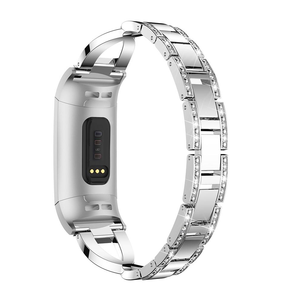 Fitbit Charge 3/Charge 4 Smalt länkarmband med glittrande stenar, Silver