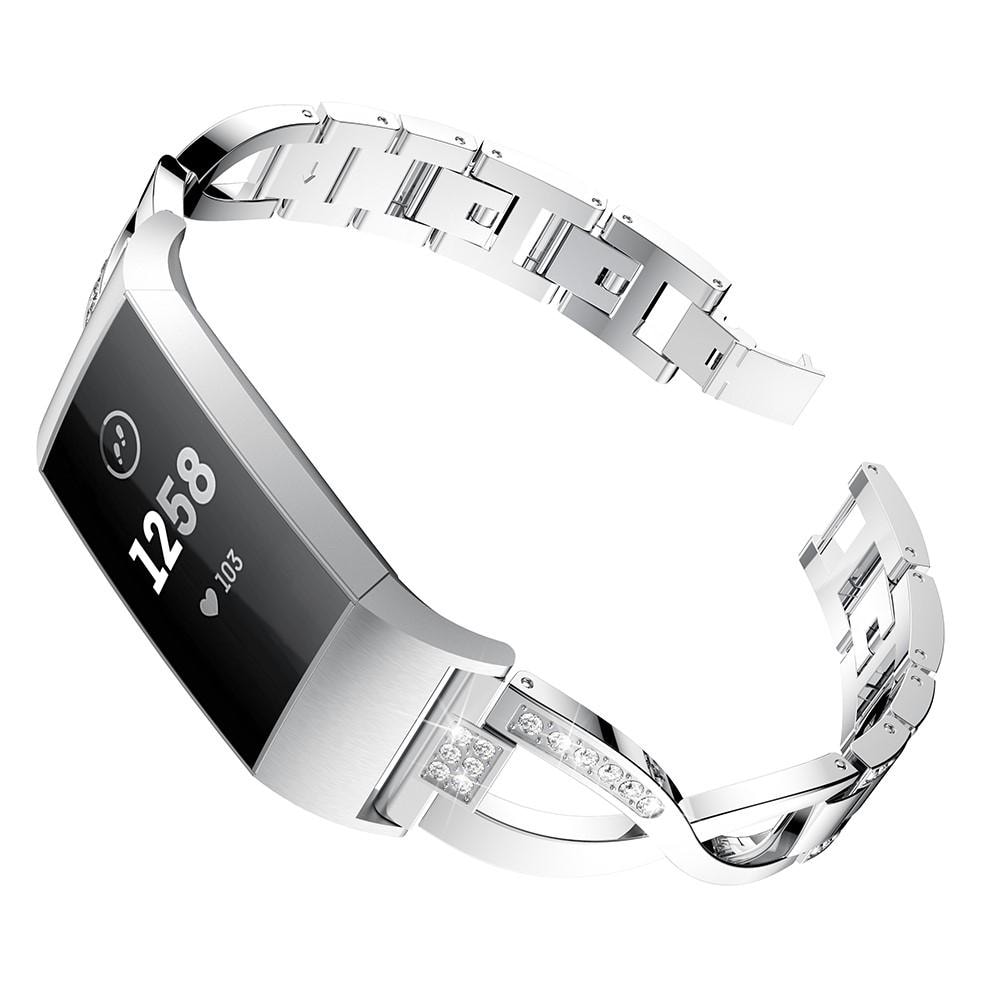 Fitbit Charge 3/Charge 4 Smalt länkarmband med glittrande stenar, Silver