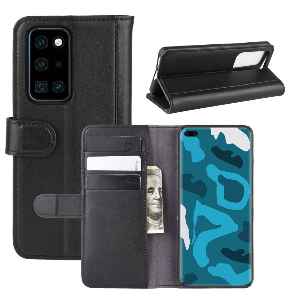 Huawei P40 Pro Plånboksfodral i Äkta Läder, Svart