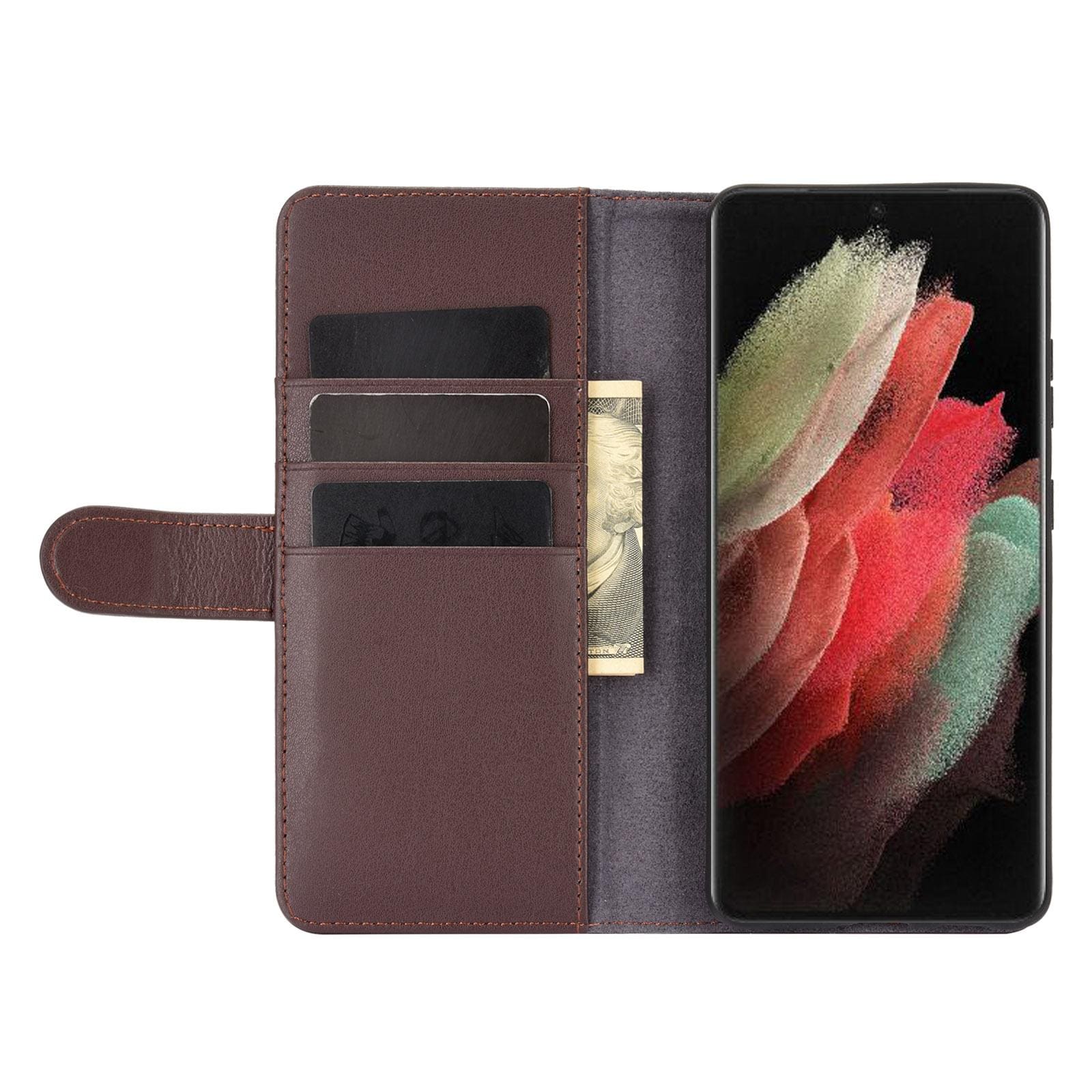 Samsung Galaxy S21 Ultra Plånboksfodral i Äkta Läder, Brun