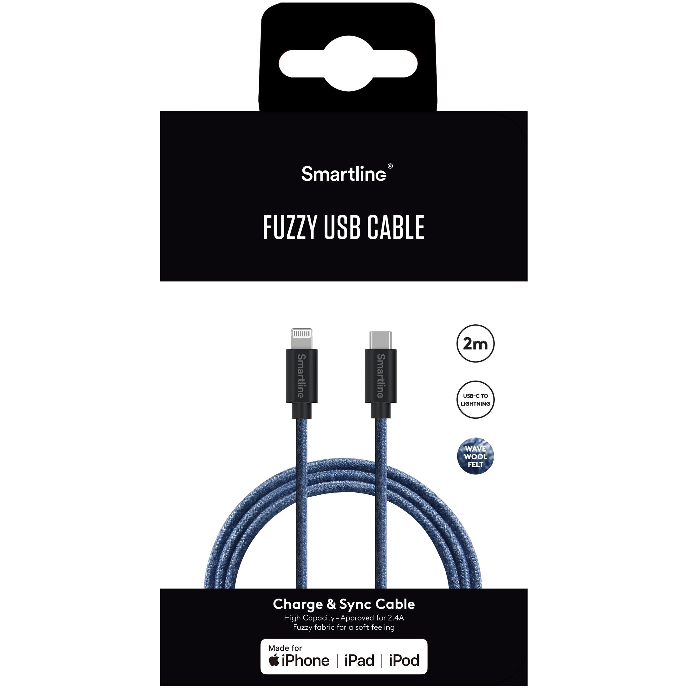 Fuzzy Laddningskabel 2m USB-C till Lightning, blå