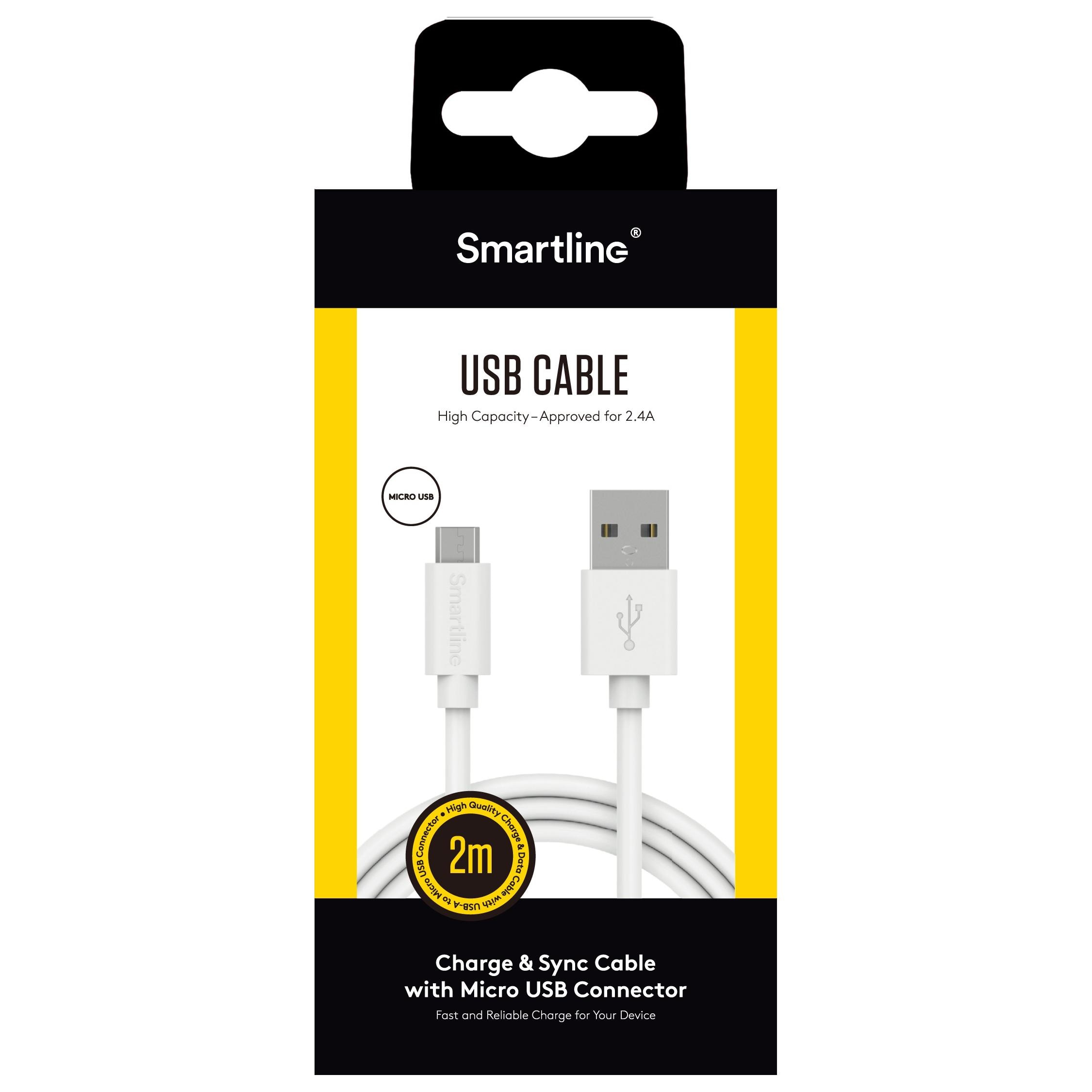 Laddningskabel 2m MicroUSB, vit